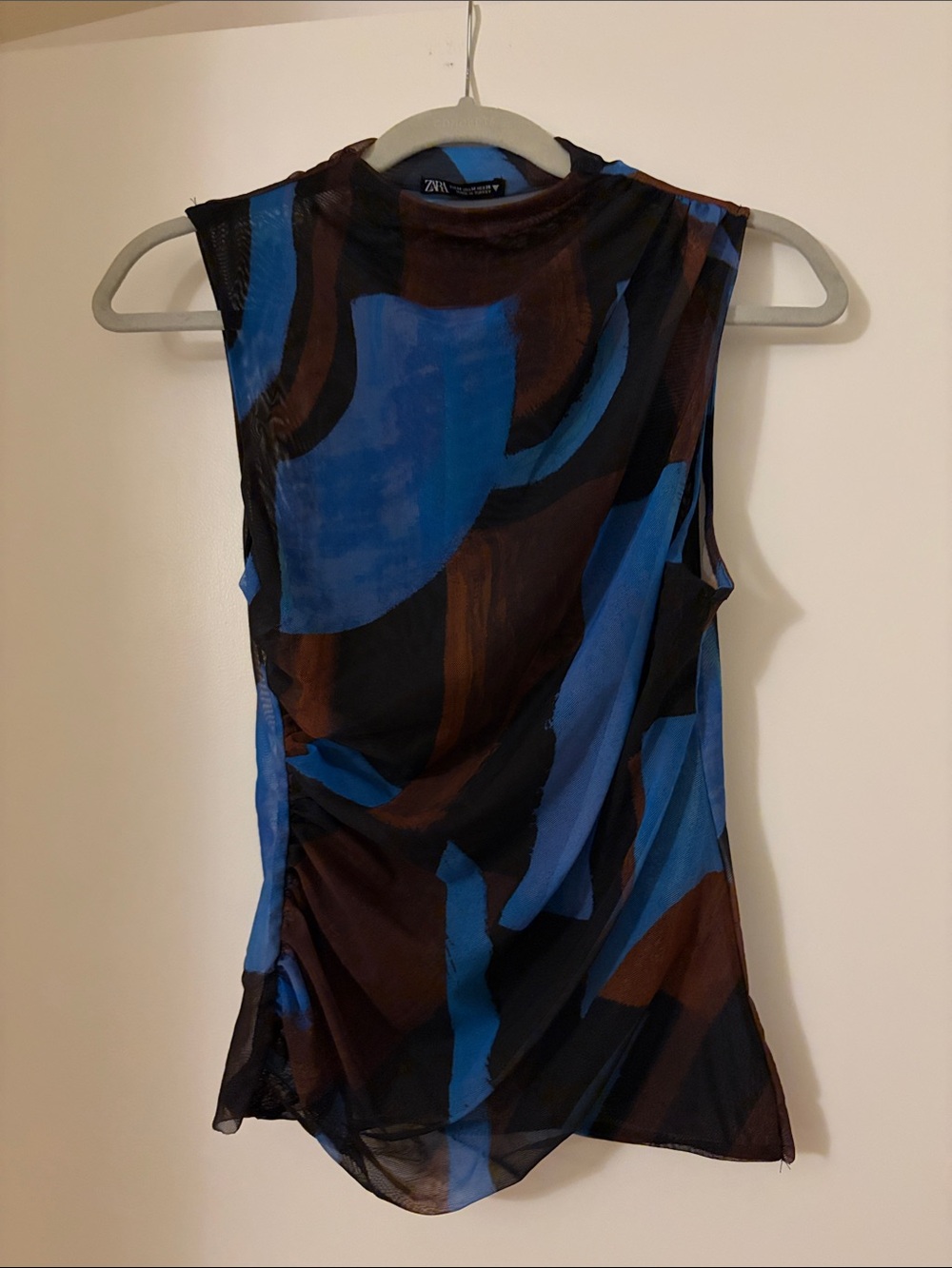 Zara Blue and Brown Abstract Mesh High-Neck Camisole